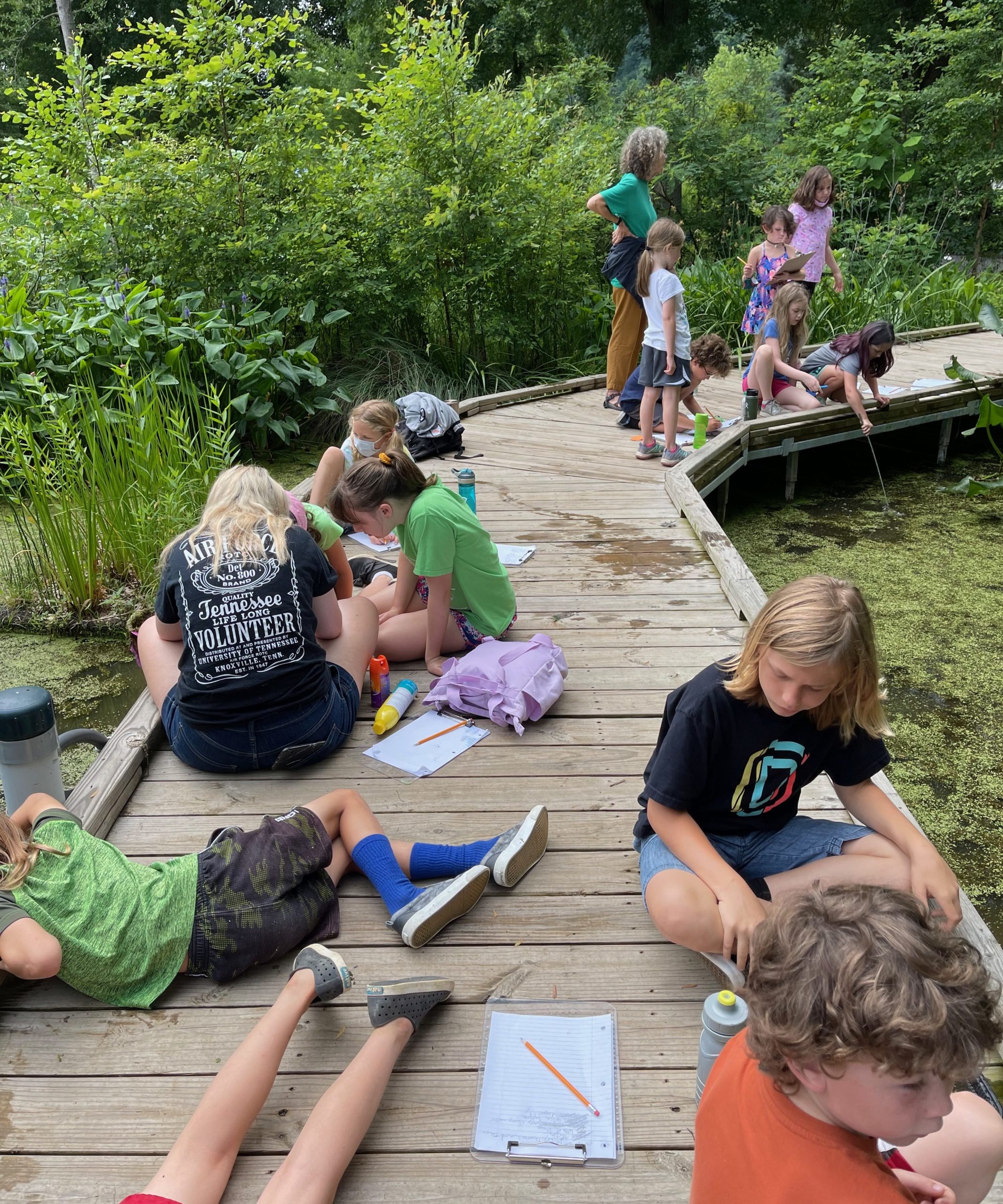 Children on a bridge over a wetland pond. 