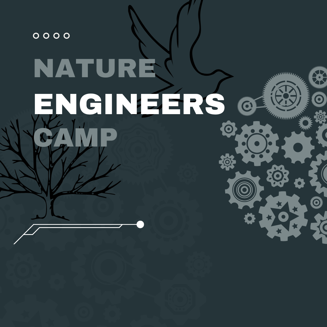 Gears, a bird, and a tree on a dark background with text saying Nature Engineers Camp 