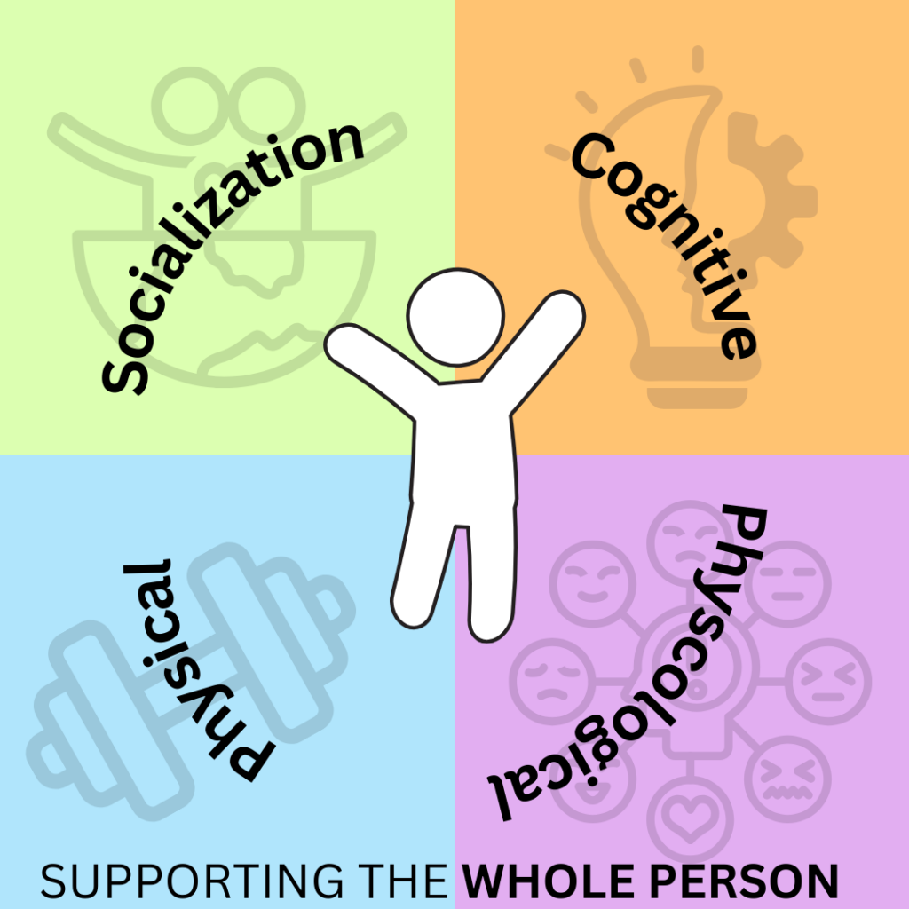Graphic with a person in the middle and the four main elements of the program around it including: socialization, cognitive, psychological, physical.