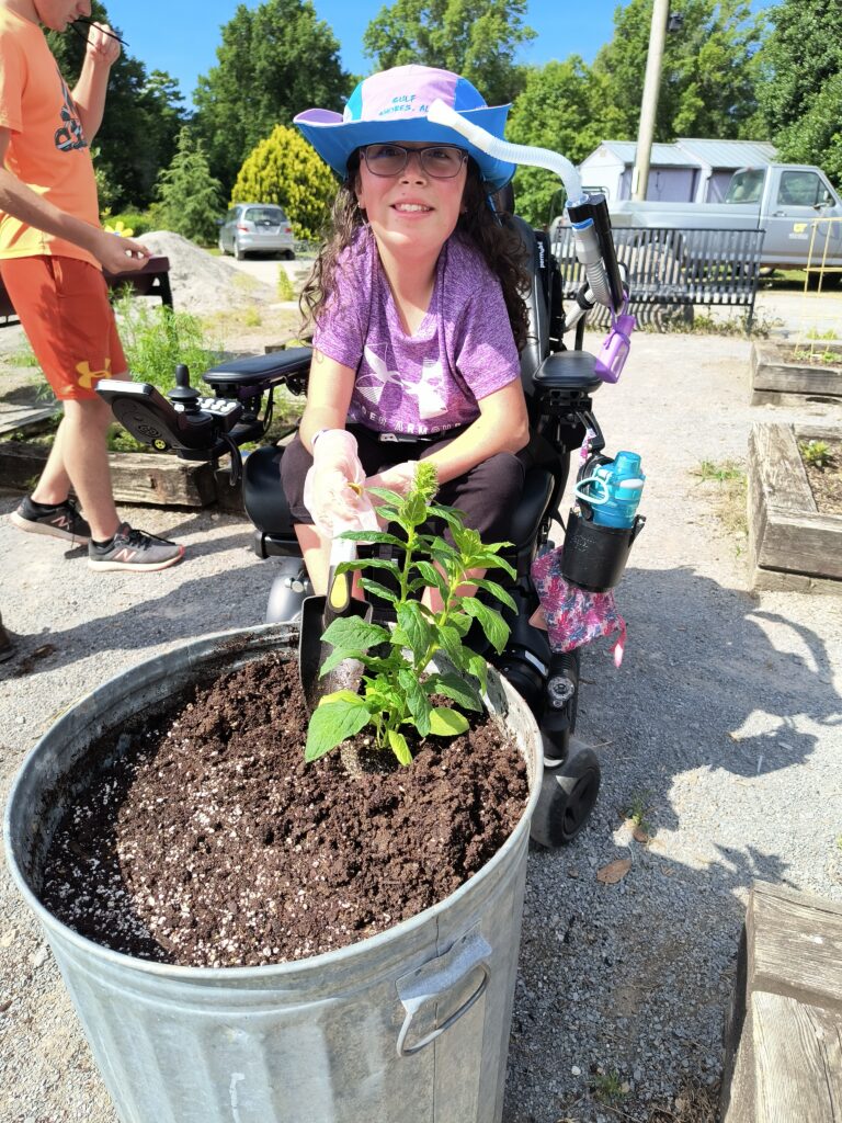 Student using a wheelchair holding trowel behind a small gardening bed with one plant. 