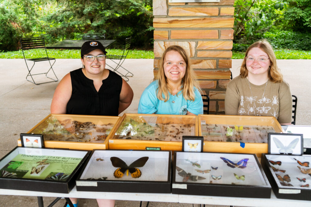 Three adults sit behind a table with a display of various insects