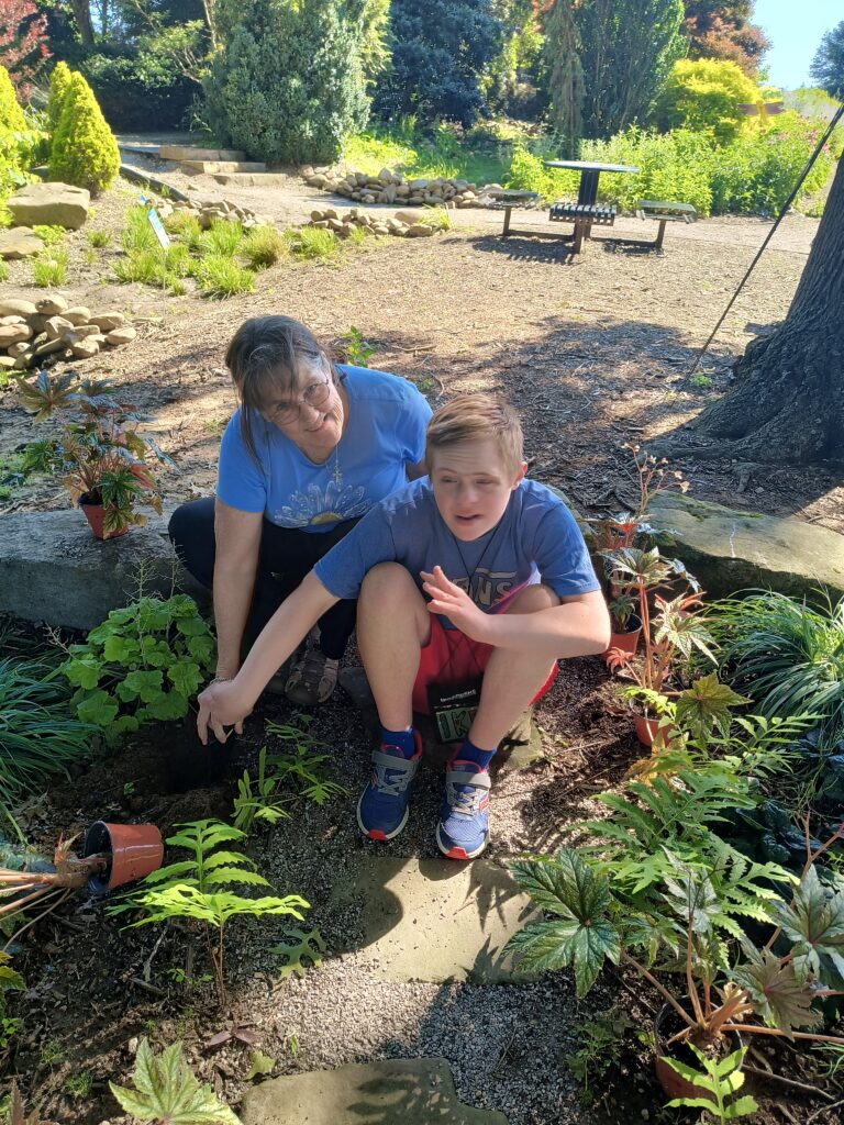 Woman and teen transplanting plants into an outdoor garden space