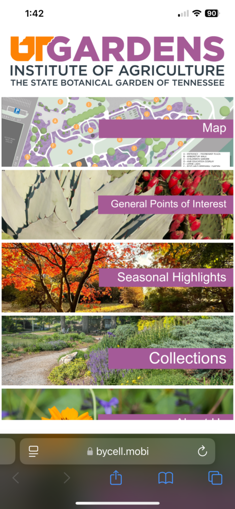 Screenshot of smartphone screen with UT Gardens Engage by Cell platform displayed