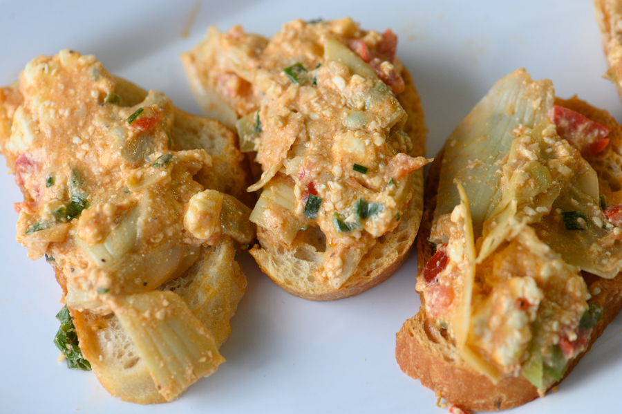 Artichoke and feisty feta crostini