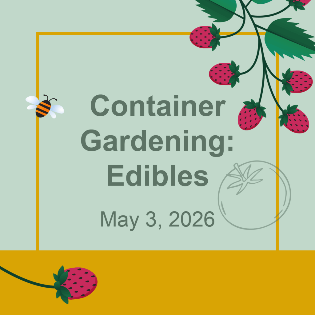 Decorative images that says Container Gardening: Edibles May 3, 2026