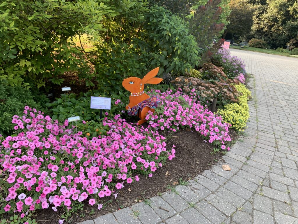 pink trial flowers in bloom in an established landscape bed with wooden rabbit artwork